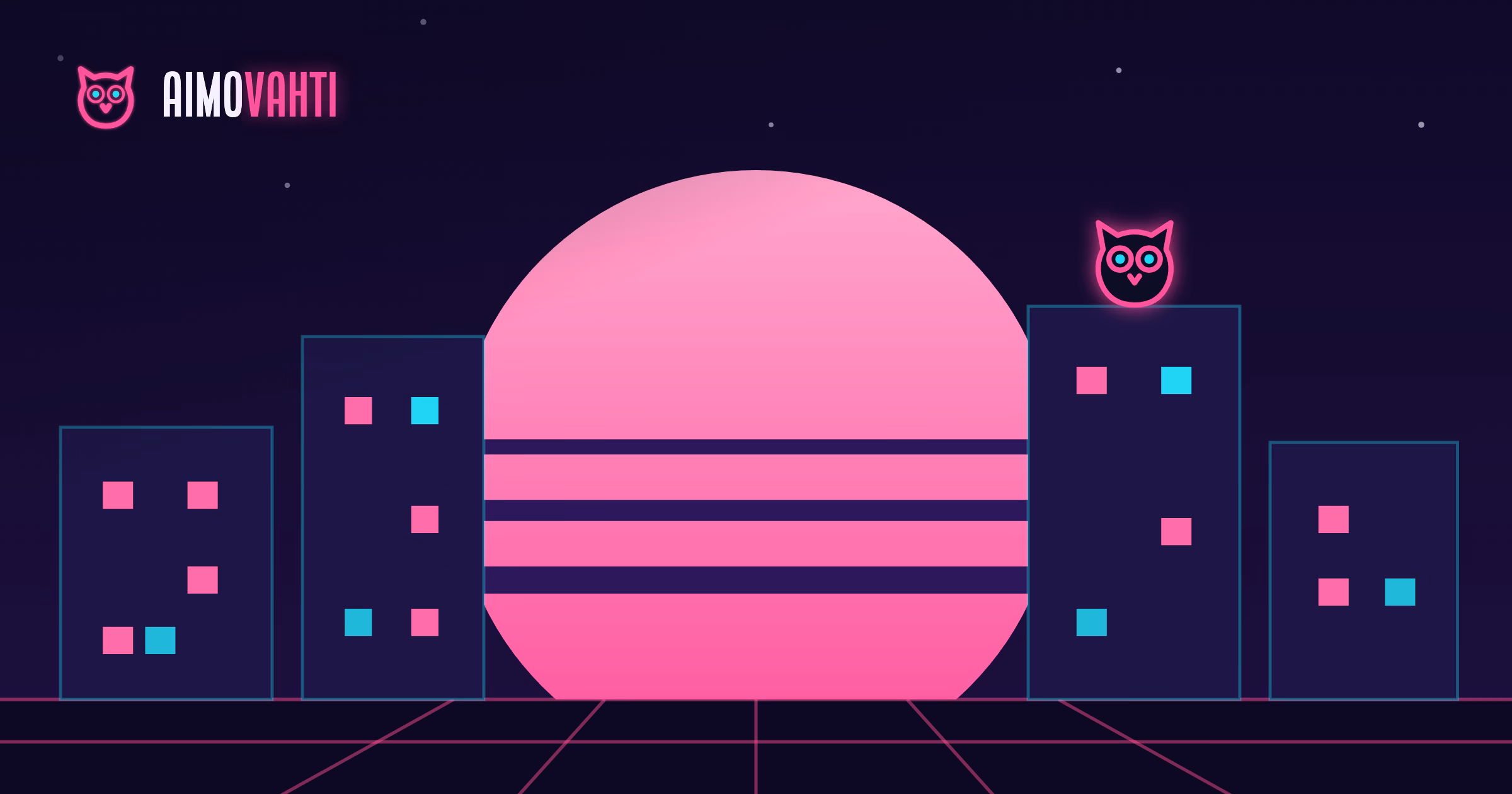 Aimovahti-logo ja neonvärinen kaupunkimaisema, jonka katolla istuu pöllö